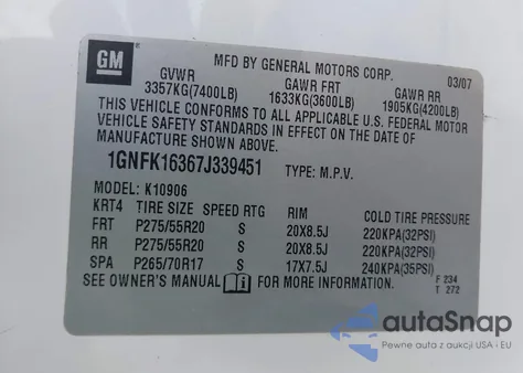 2007 Chevrolet Suburban 1500 Lt z USA, uszkodzony, nr VIN 1GNFK16367J339451